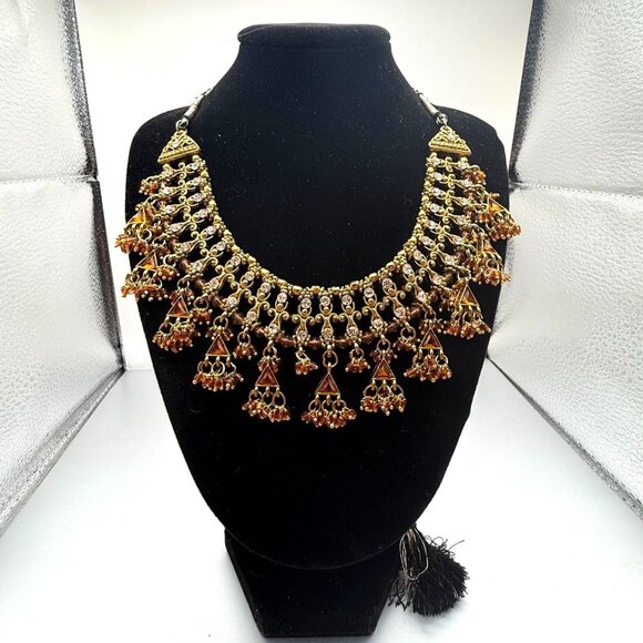 Vintage Indian Bollywood Style Gold Tone Crystal Bib Necklace With Amber Beads – - Picture 1 of 12